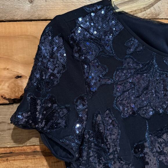 R&M Richards Mesh Sequin Embellished Short Sleeve Maxi Evening Dress Navy Size 6 - Picture 6 of 13